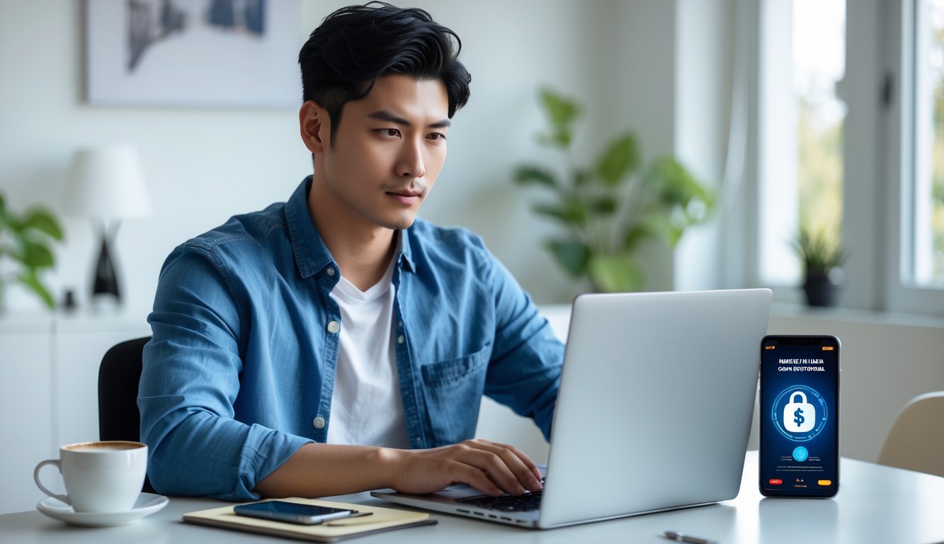 Seorang pria muda duduk di meja dengan laptop di ruang kerja rumah yang terang dan rapi, fokus menggunakan perangkatnya.