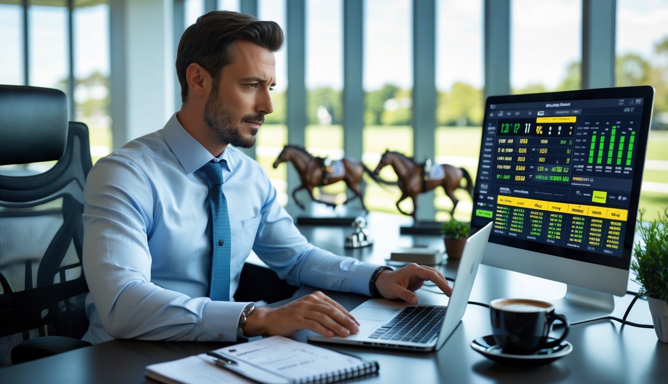 Seorang pria duduk di meja dengan perangkat digital menampilkan data dan grafik balap kuda, tampak fokus menganalisis strategi taruhan.