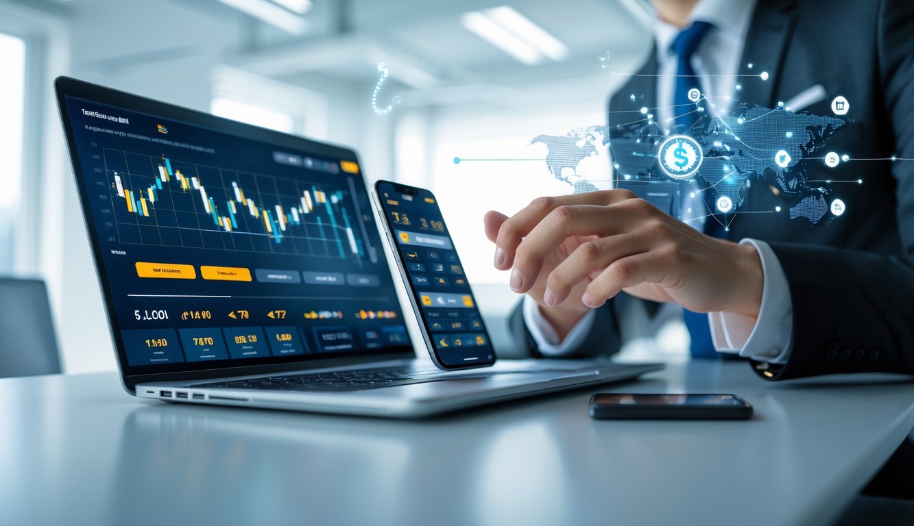 Seseorang menggunakan laptop dan ponsel di ruang kantor modern dengan grafik dan simbol teknologi di latar belakang.