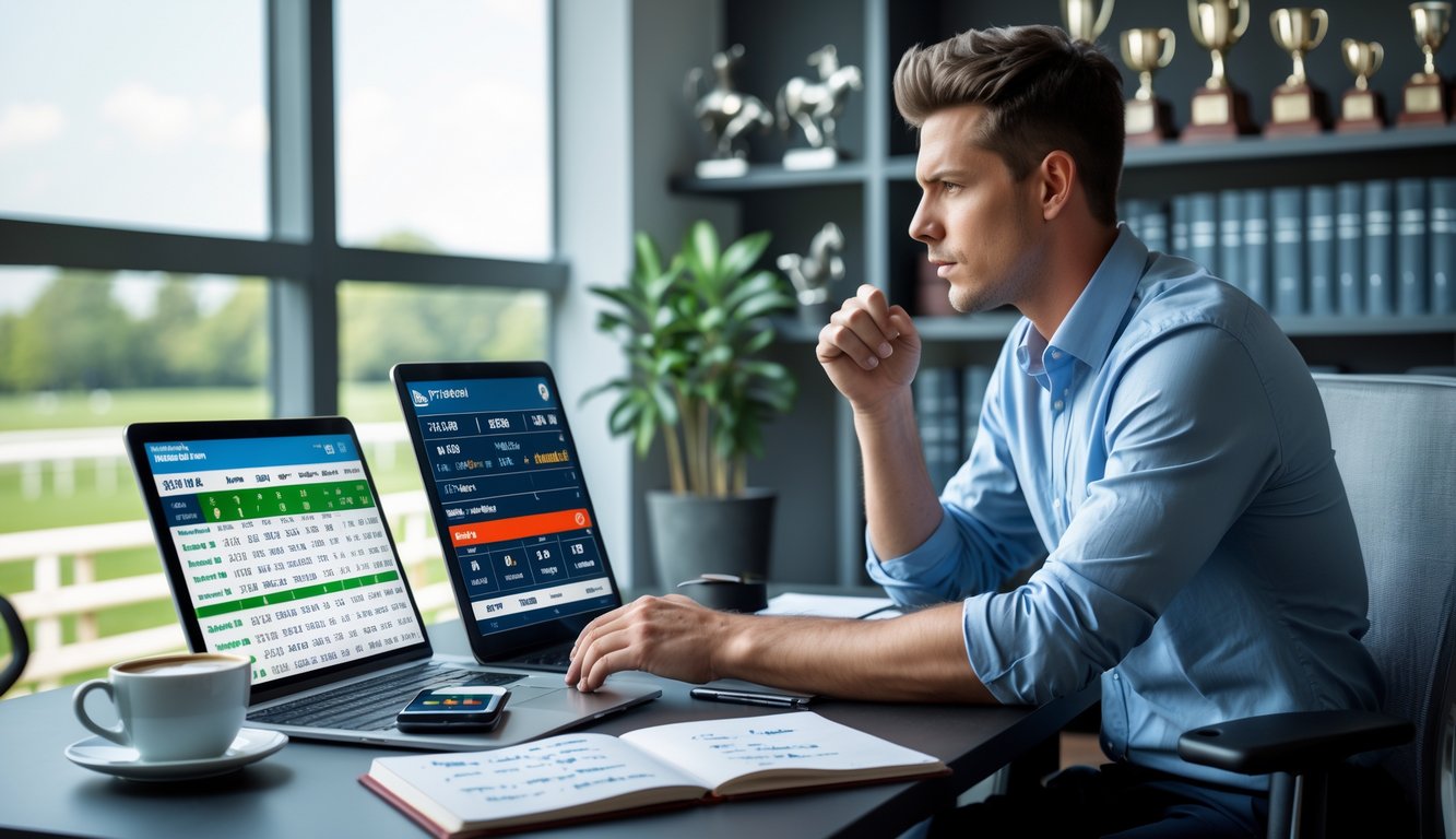 Seorang pria muda duduk di meja kantor dengan laptop dan perangkat digital yang menampilkan data balap kuda, sedang fokus menganalisis informasi taruhan.