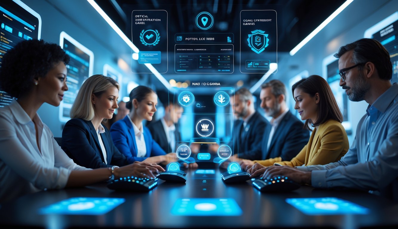 Orang-orang sedang menggunakan teknologi modern di ruang kerja digital yang terang dan profesional, menunjukkan suasana perjudian online yang terpercaya dan adil.