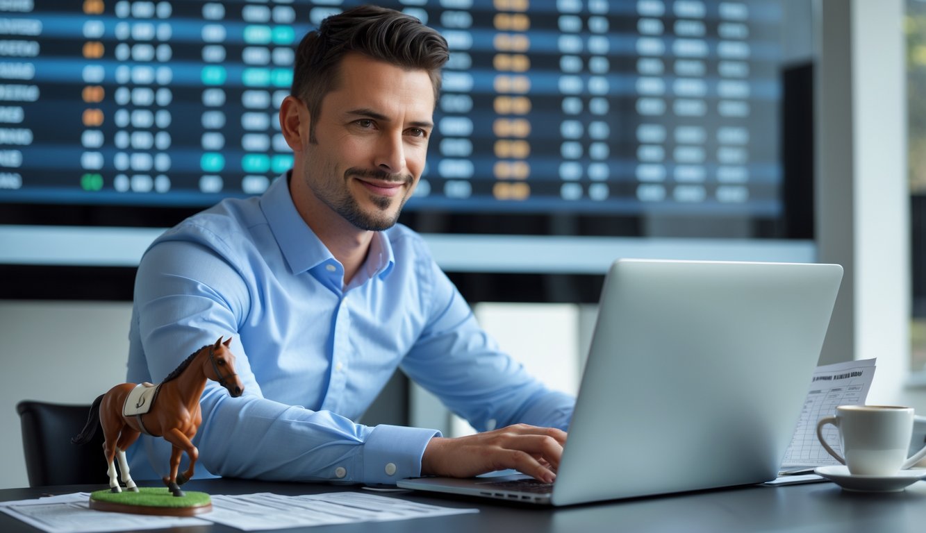 Seorang pria duduk di meja dengan laptop dan barang-barang terkait balap kuda, terlihat fokus dan percaya diri saat menganalisis data balap kuda.