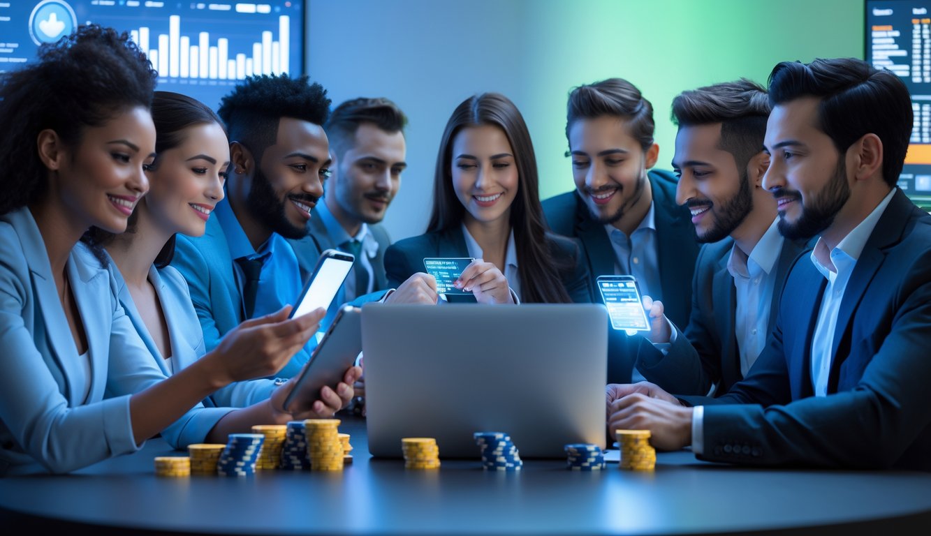 Sekelompok orang yang menggunakan perangkat digital untuk bermain judi online dalam suasana modern dan aman.