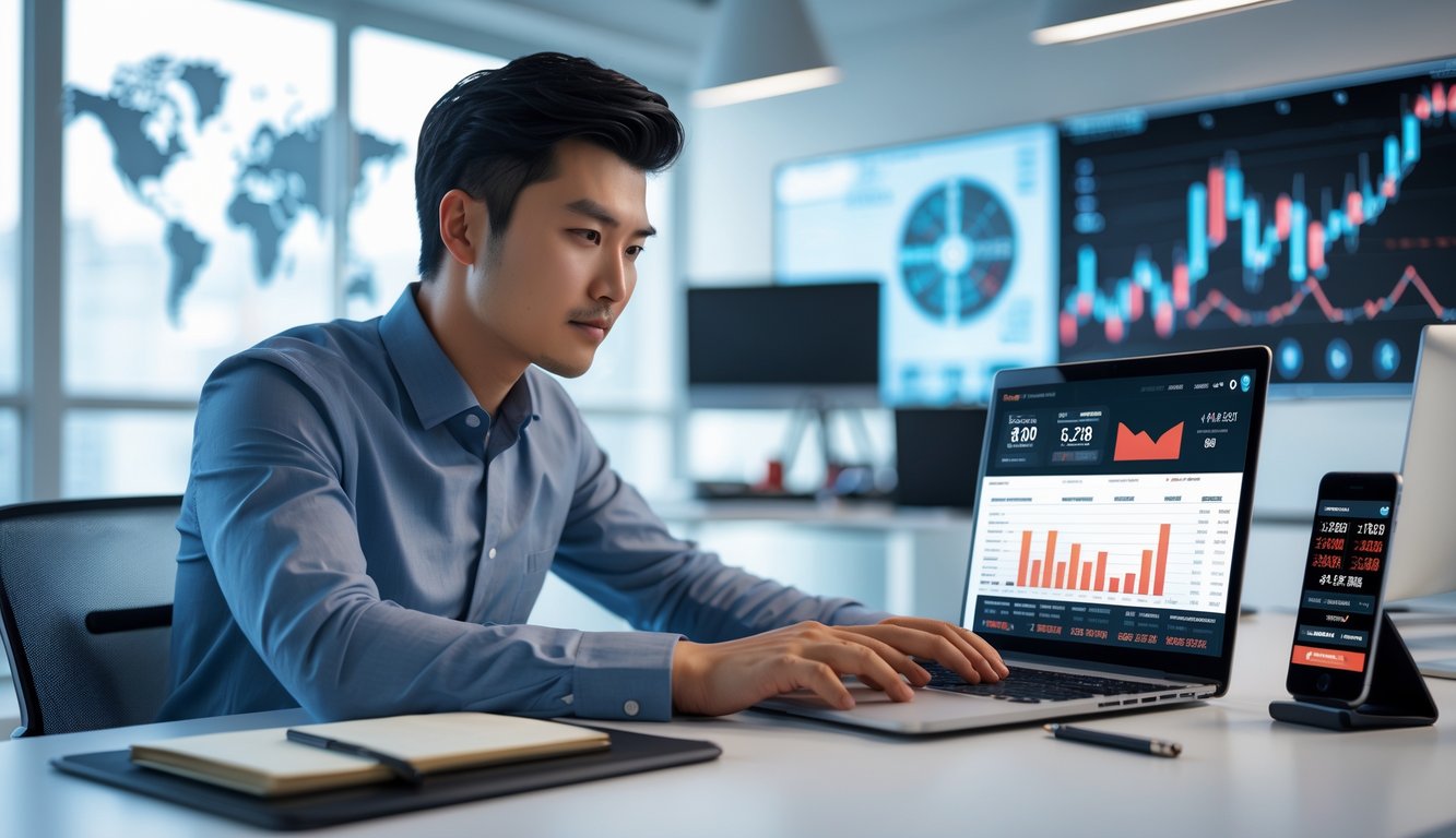 Seorang pria muda duduk di meja modern dengan laptop dan grafik keuangan, menunjukkan fokus pada manajemen modal judi online.