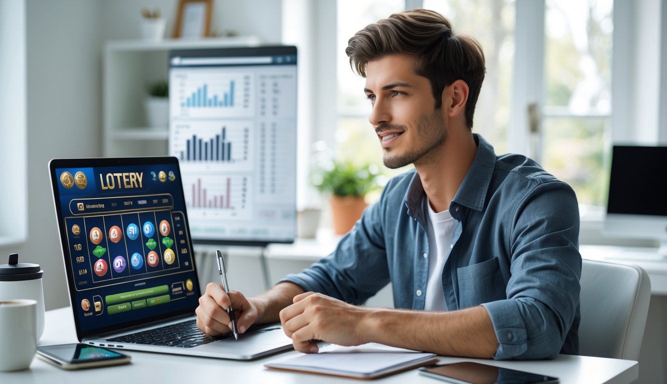 Seorang pria muda duduk di meja kerja dengan laptop, terlihat fokus dan berpikir sambil mempersiapkan strategi bermain judi togel online dengan modal kecil.