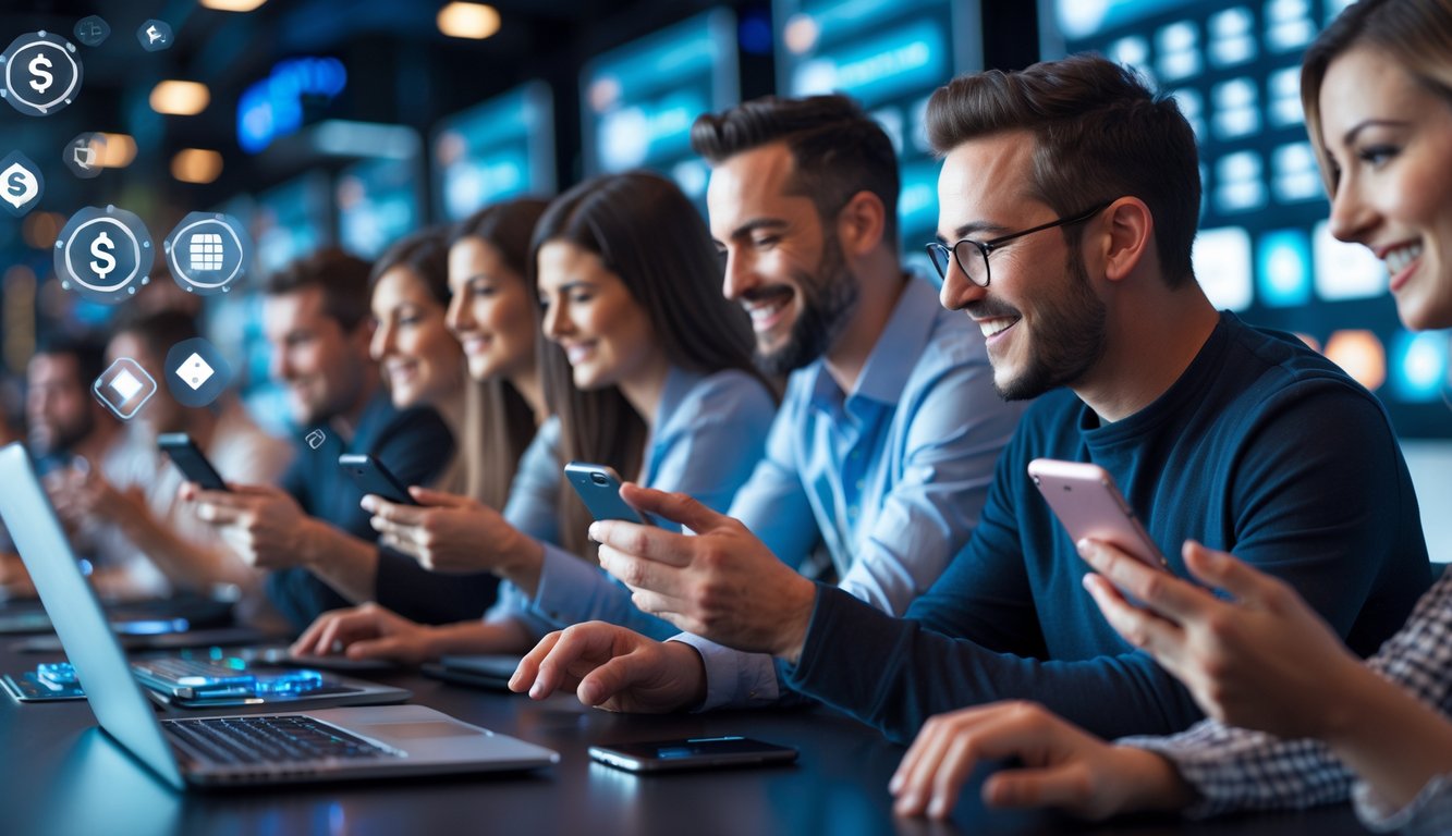 Orang-orang menggunakan perangkat digital dengan latar belakang ikon bank dan dompet elektronik, menunjukkan suasana perjudian online yang terpercaya.