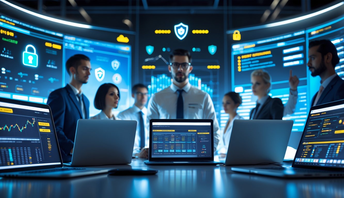 Orang-orang bekerja dengan perangkat digital di ruang kerja modern yang menunjukkan aktivitas judi online dengan sistem keamanan data.