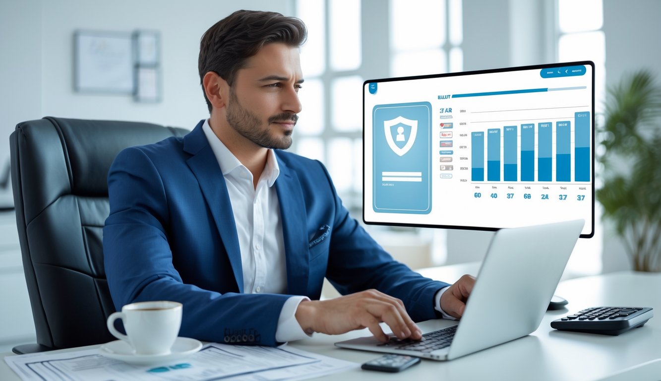 Seorang pria percaya diri duduk di meja kantor modern dengan laptop dan dokumen, fokus pada analisis data taruhan togel.