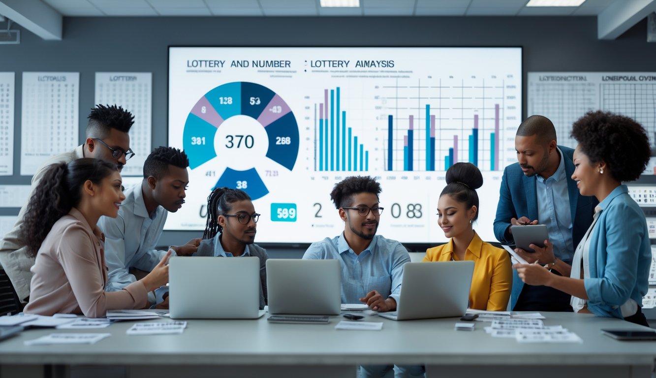 Sekelompok orang sedang berdiskusi dan menganalisis angka dalam suasana kantor modern yang terang dan profesional.