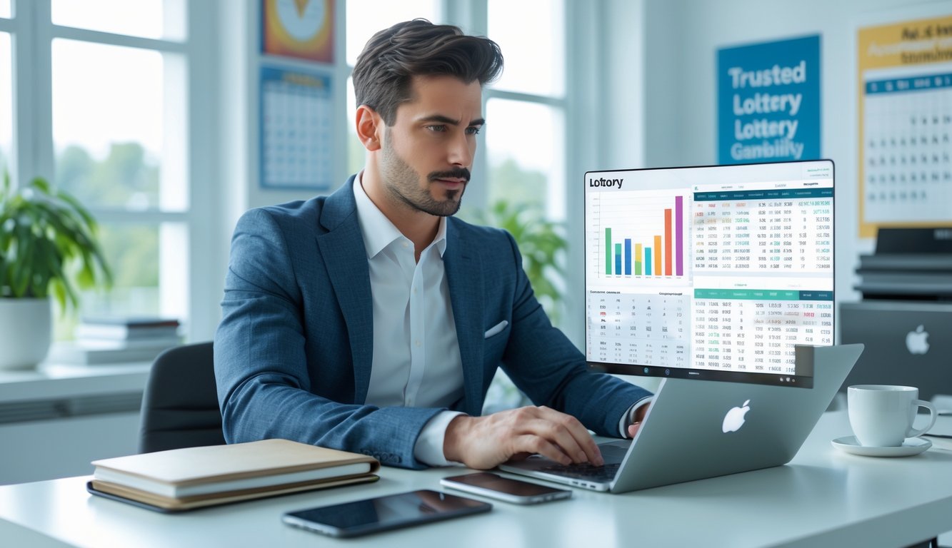 Seorang pria duduk di meja kerja dengan laptop dan catatan, fokus pada layar yang menampilkan data angka, di dalam ruangan kantor yang terang.