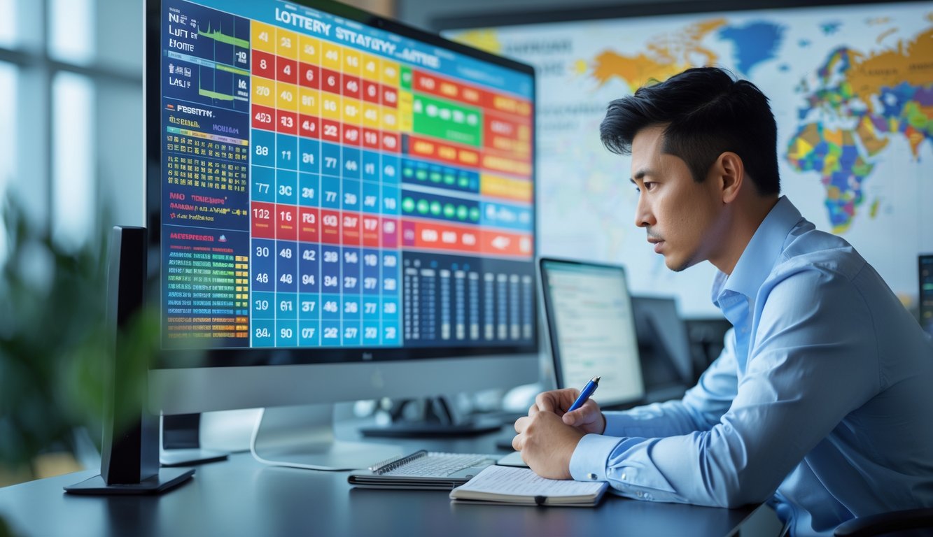 Seorang pria Asia fokus menganalisis angka lotere di depan layar digital dengan grafik dan data statistik di kantor modern.
