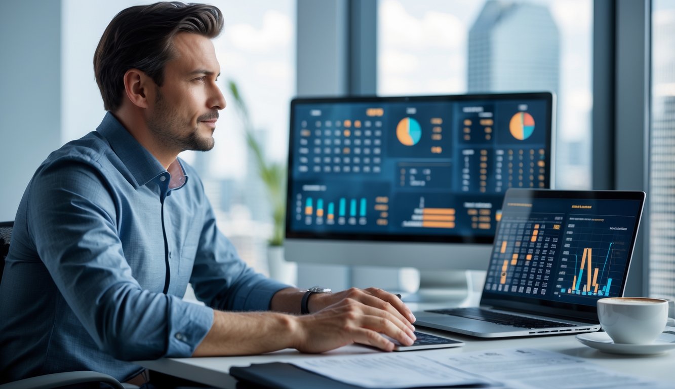 Seorang pria duduk di kantor modern sambil melihat layar laptop dan grafik angka dengan ekspresi fokus dan tenang.