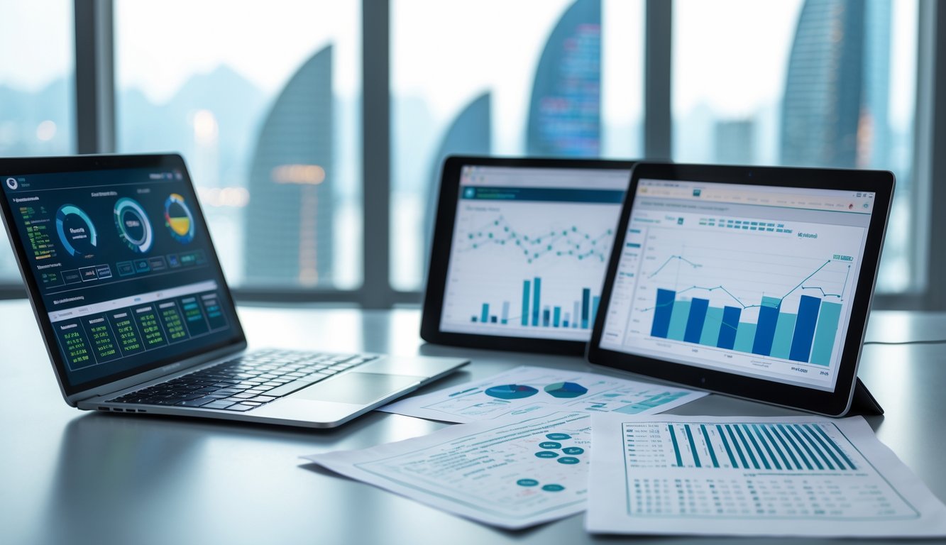 Meja kerja modern dengan laptop dan tablet menampilkan grafik dan data statistik, dengan latar belakang pemandangan kota Macau.