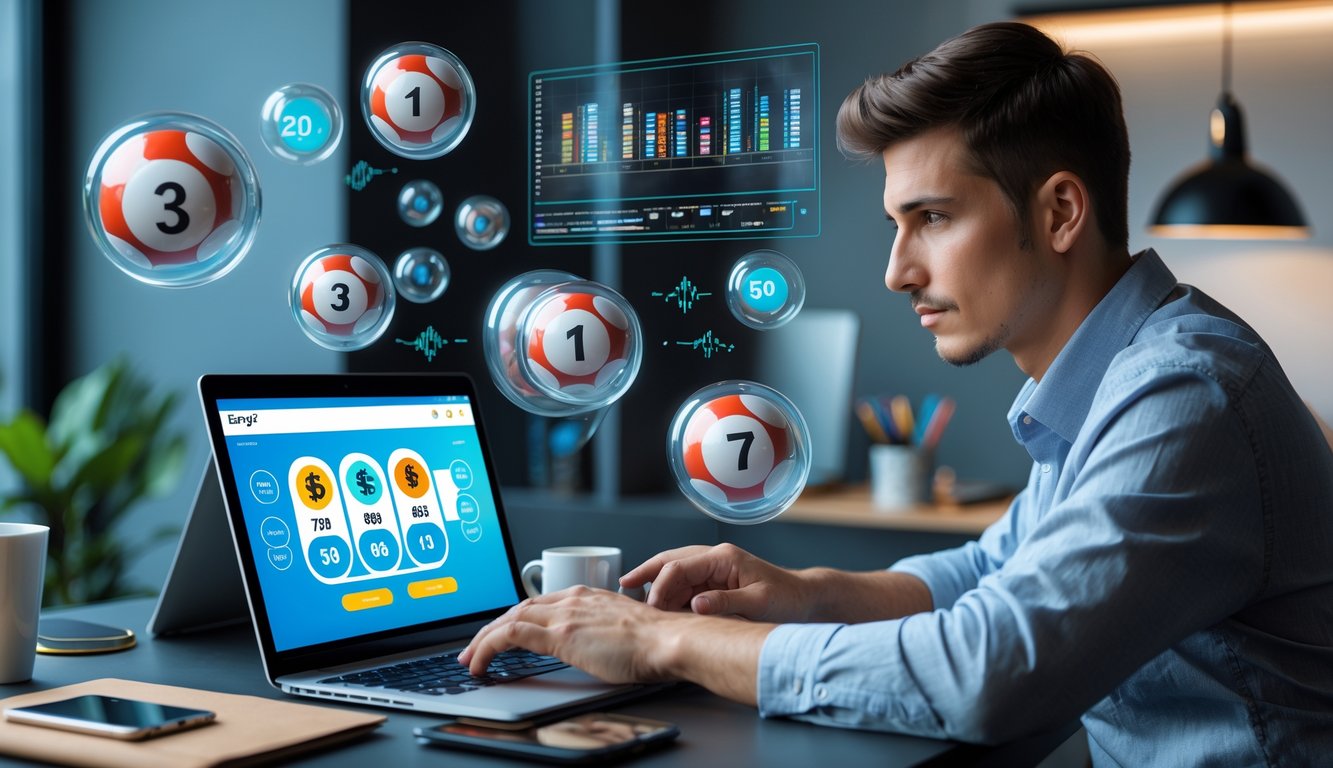 Seorang pria muda duduk di meja dengan laptop, fokus menggunakan situs judi togel online terpercaya, dikelilingi ikon bola lotere dan grafik strategi.