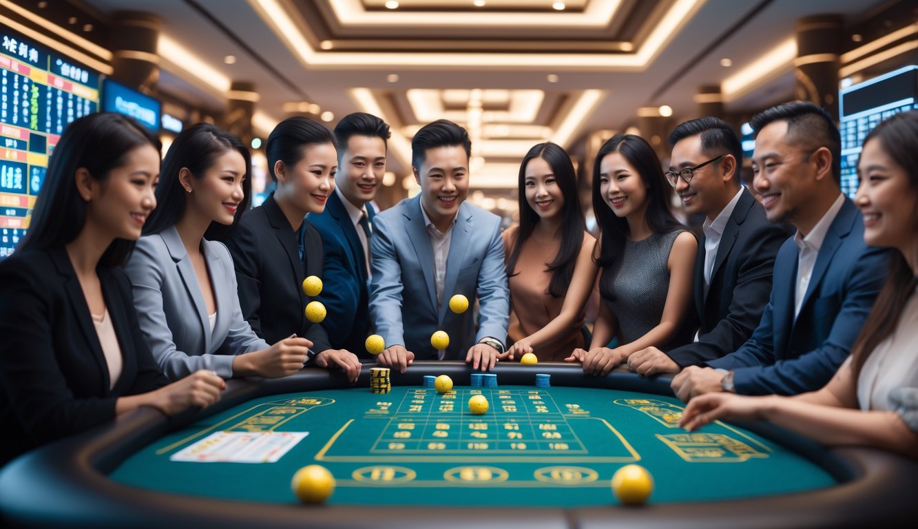 Sekelompok orang sedang berkumpul di sekitar meja permainan dengan bola bernomor dan tiket lotere dalam suasana modern dan mewah.
