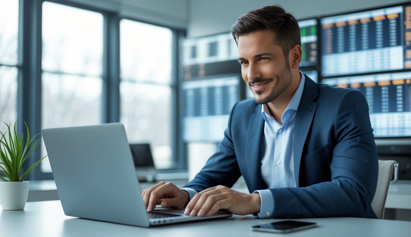 Seorang pria duduk di meja kantor dengan laptop dan ponsel, melihat layar komputer yang menampilkan data angka dan grafik.