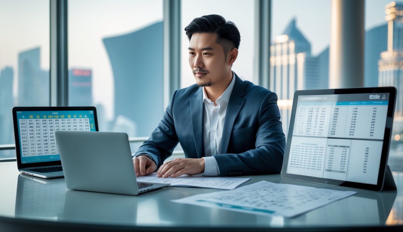 Seorang pria Asia duduk di meja kantor modern sambil menganalisis grafik dan rumus prediksi togel dengan layar digital dan dokumen di sekitarnya.