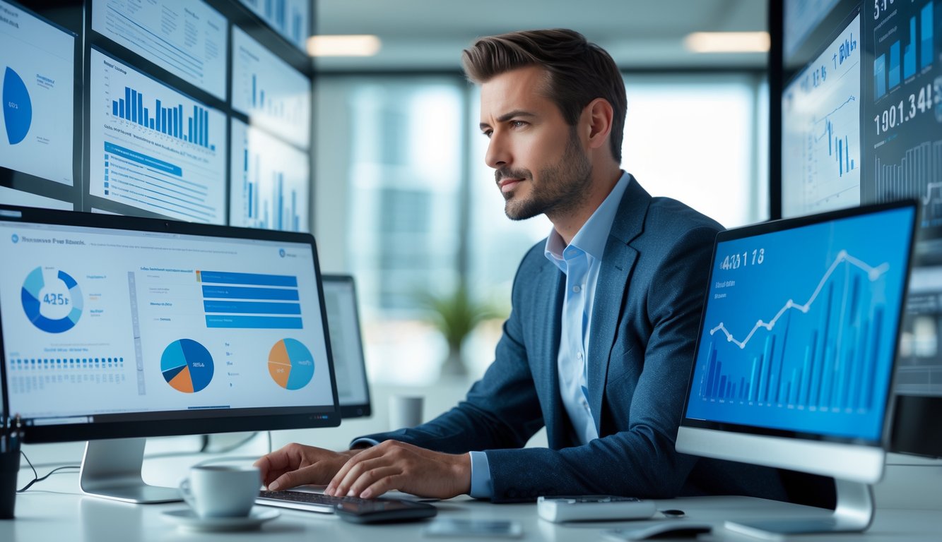 Seorang pria sedang menganalisis data dan statistik di depan beberapa layar komputer di kantor modern.