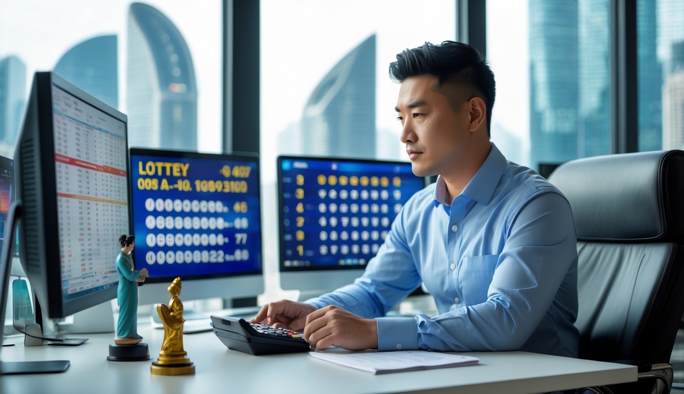 Seorang pria Asia sedang duduk di meja kantor modern dengan beberapa layar komputer menampilkan angka togel dan grafik, terlihat fokus dan serius.