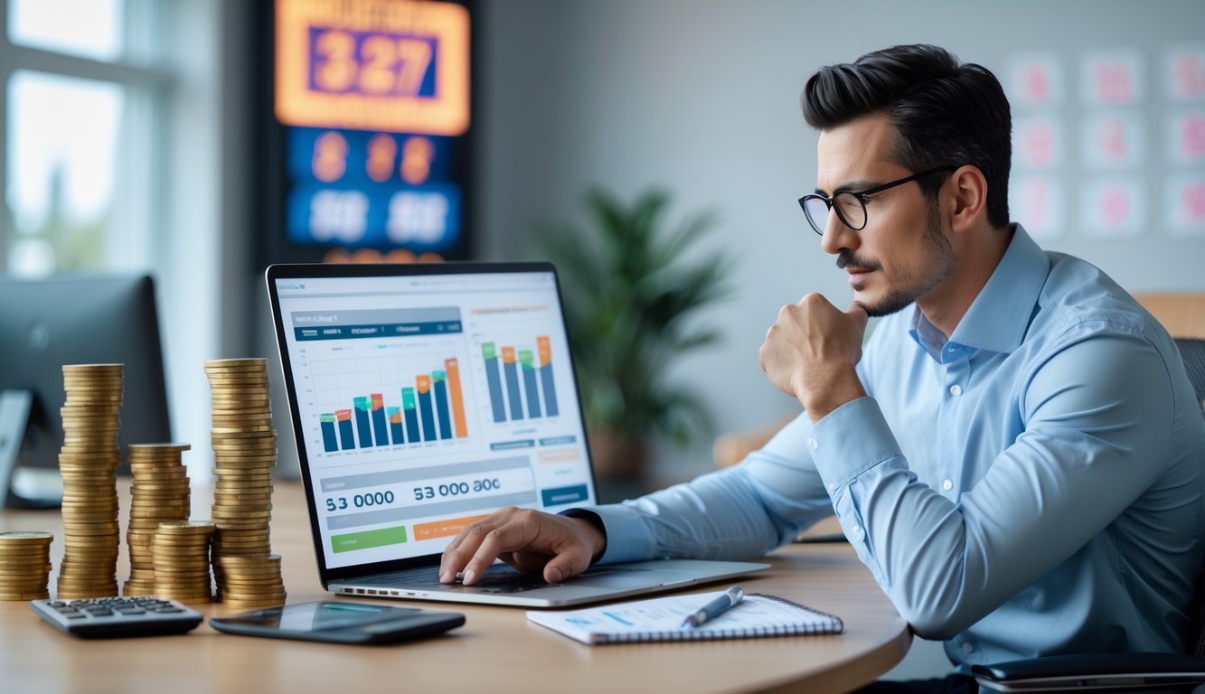 Seorang pria duduk di meja kantor modern sambil menganalisis data keuangan dengan laptop, dikelilingi oleh uang, kalkulator, dan tiket lotre.