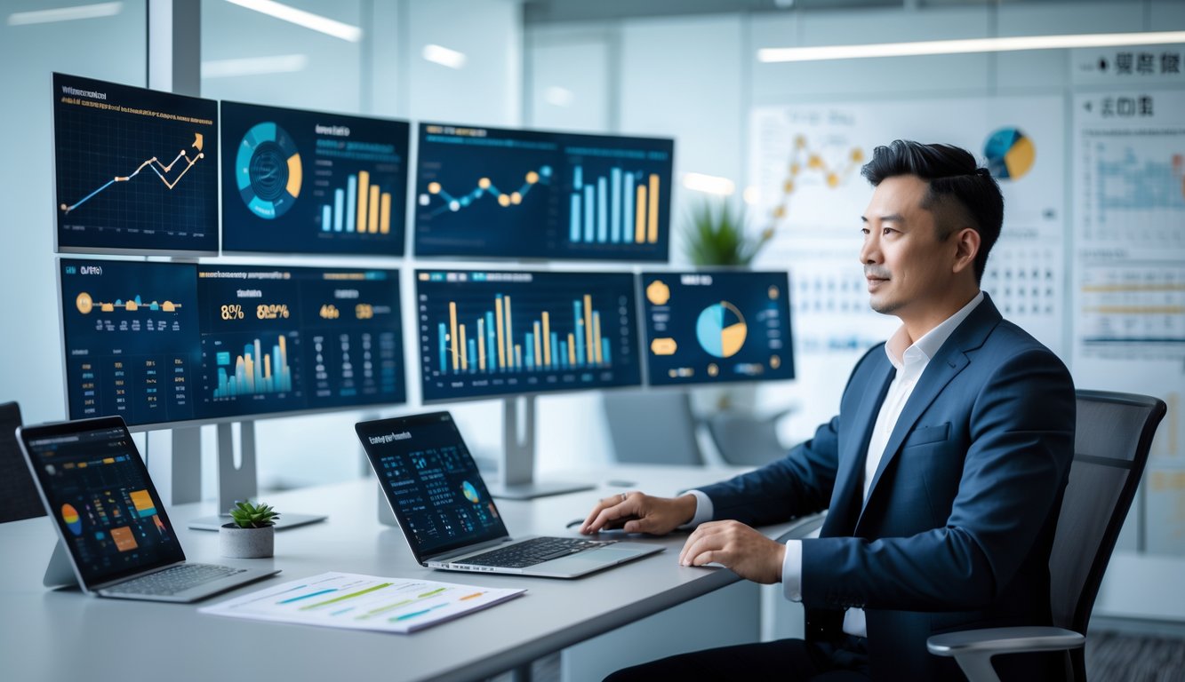 Seorang profesional bisnis Asia duduk di meja kerja dengan beberapa layar digital yang menampilkan grafik dan data angka terkait tren togel, di dalam ruangan kantor yang rapi dan terang.