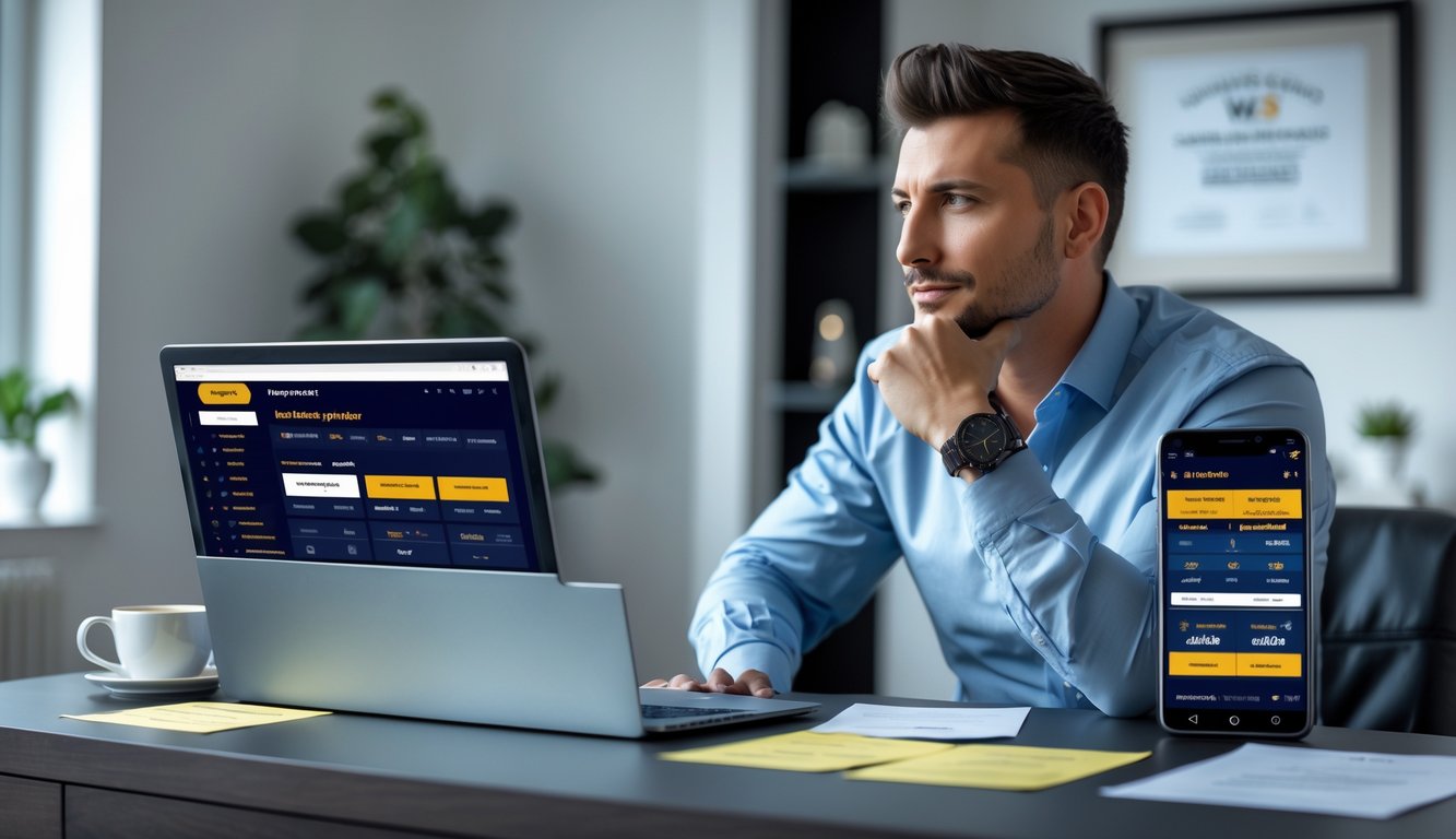 Seorang pria duduk di meja dengan laptop terbuka sedang mempertimbangkan strategi taruhan di situs judi online terpercaya.