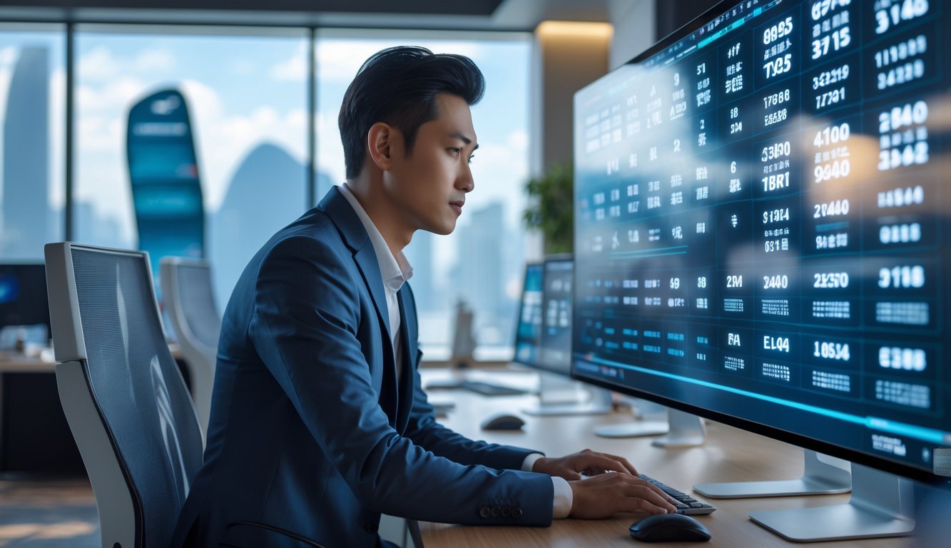 Seorang profesional bisnis sedang bekerja dengan layar digital besar yang menampilkan data dan grafik, di ruang kantor modern dengan pemandangan kota Macau di latar belakang.