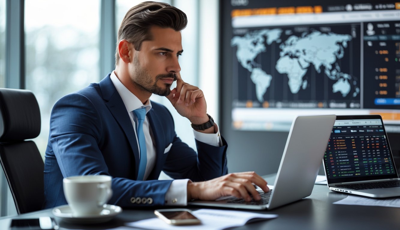 Seorang pria berpakaian rapi duduk di meja modern sambil melihat layar laptop dengan grafik dan data taruhan.