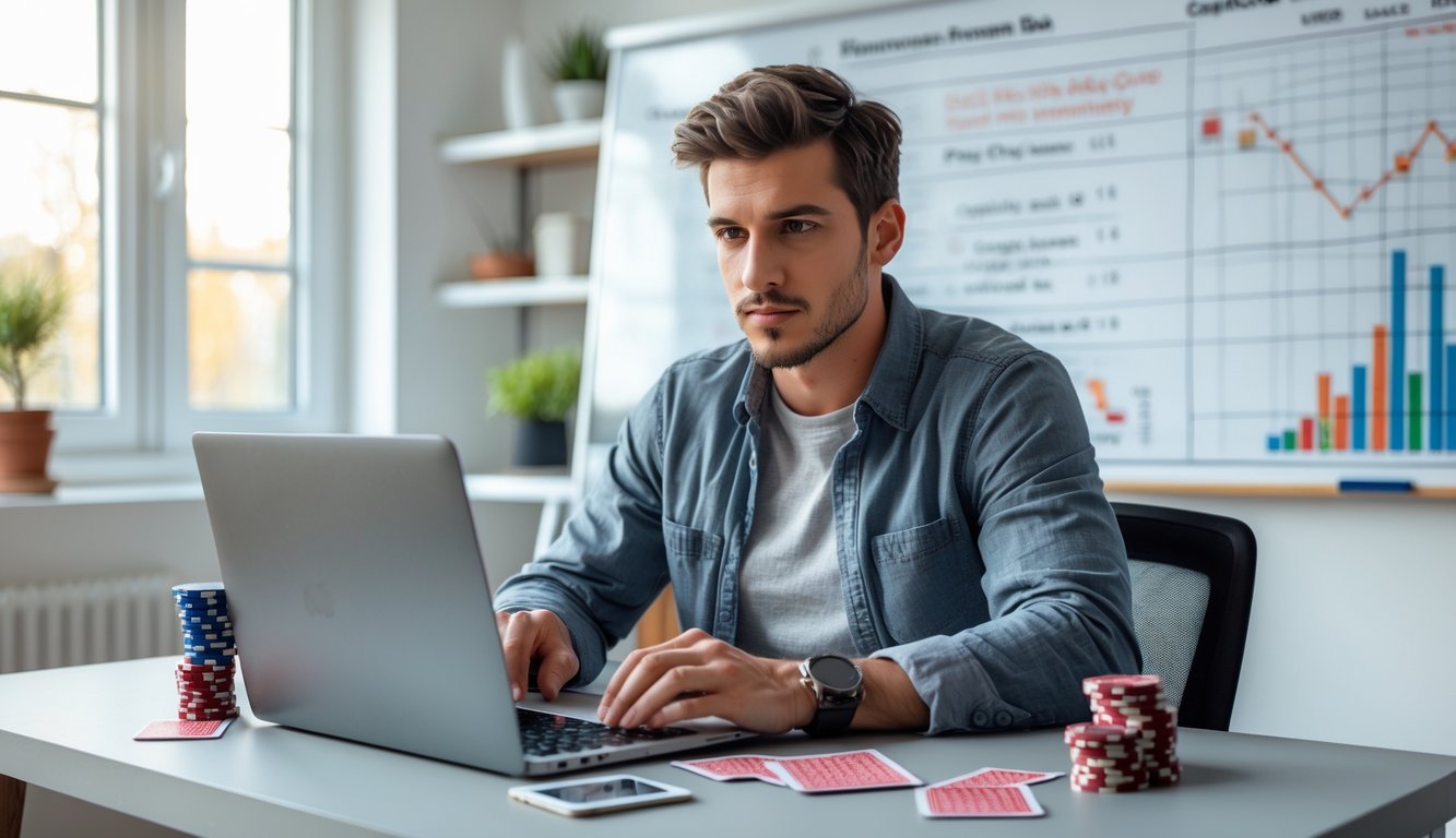 Seorang pria muda duduk di meja kerja dengan laptop dan perlengkapan judi, fokus mempelajari strategi menang judi dengan modal kecil.
