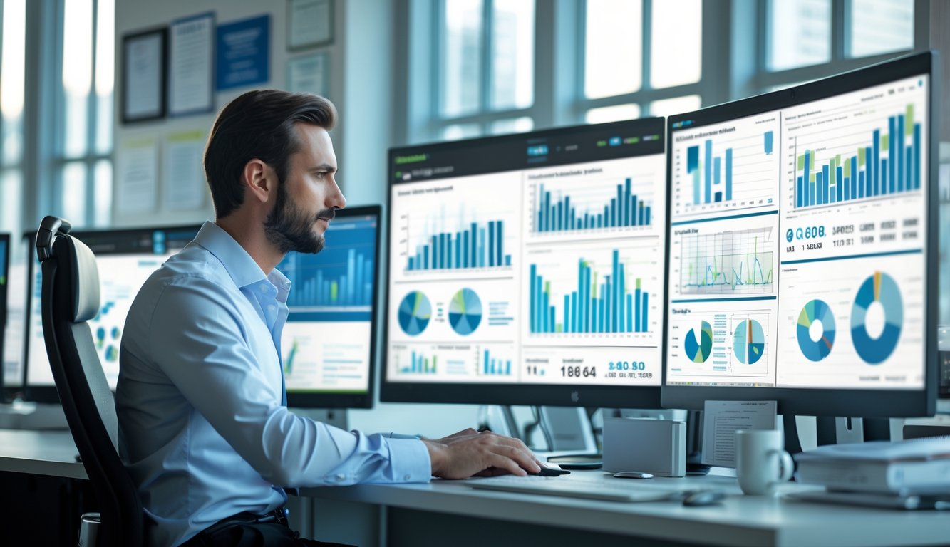 Seorang profesional bisnis di kantor modern sedang bekerja dengan beberapa monitor yang menampilkan data dan grafik yang diperbarui secara real-time.