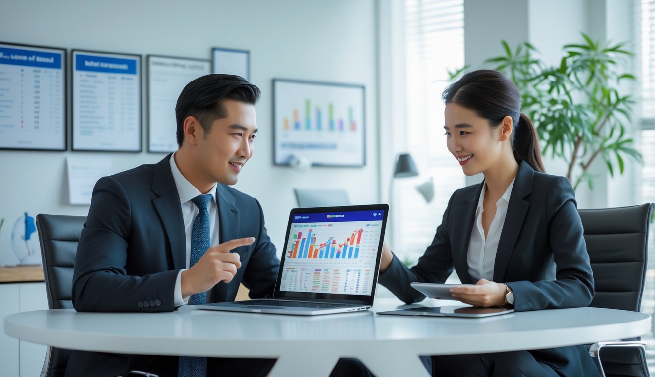 Dua orang dewasa sedang berdiskusi serius di meja dengan laptop dan tablet di kantor yang terang dan modern.