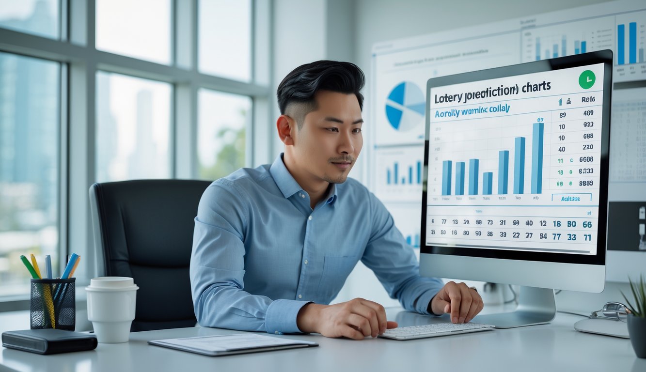 Seorang pria Asia Tenggara sedang bekerja di meja kantor modern, melihat layar komputer dengan grafik dan angka prediksi togel.