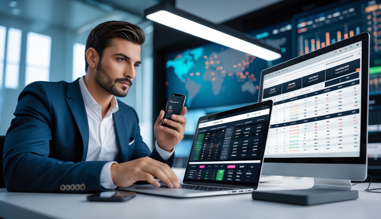 Seorang pria duduk di meja dengan beberapa perangkat digital menampilkan platform taruhan online, terlihat sedang menganalisis data dengan serius.