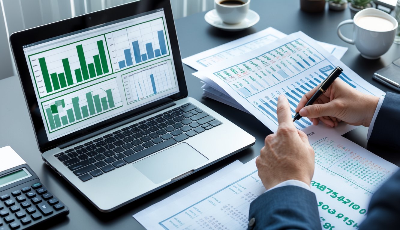 Seseorang sedang menganalisis data dan grafik angka pada meja kerja yang rapi dengan laptop dan alat tulis.
