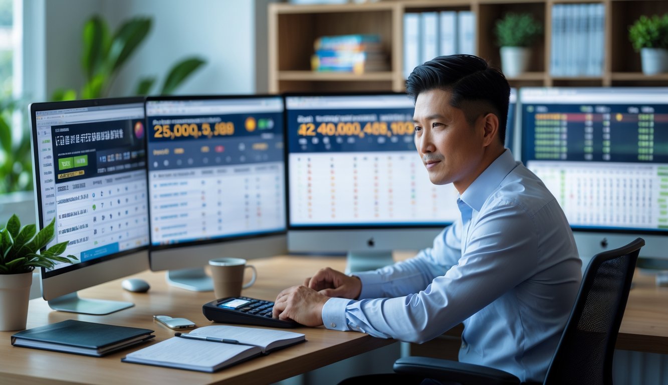 Seorang pria Asia Tenggara duduk di meja kantor modern sambil menganalisis data lotere pada beberapa layar komputer.