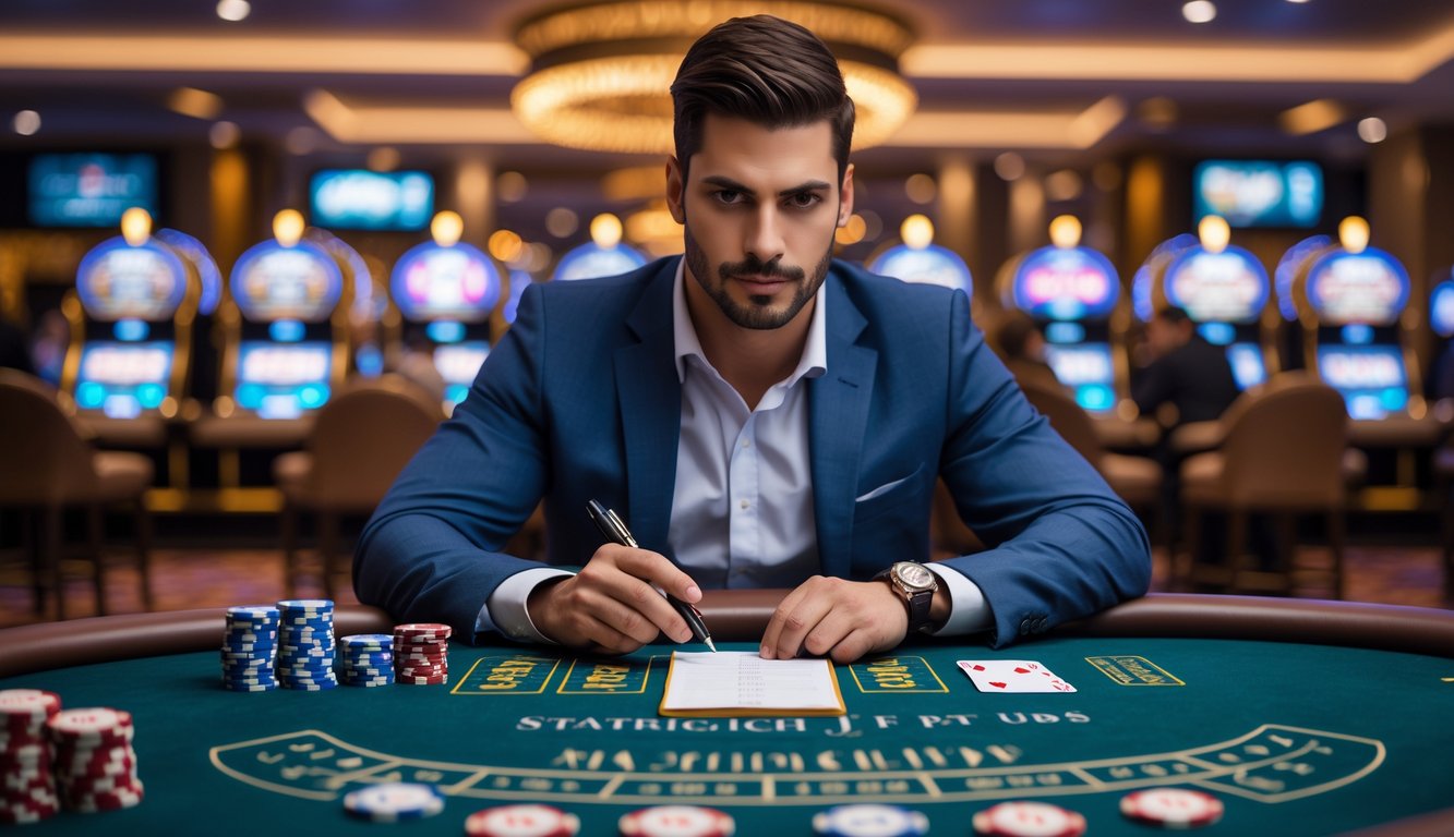 Seorang pria duduk di meja kasino dengan chip dan kartu, sedang mencatat strategi taruhan.