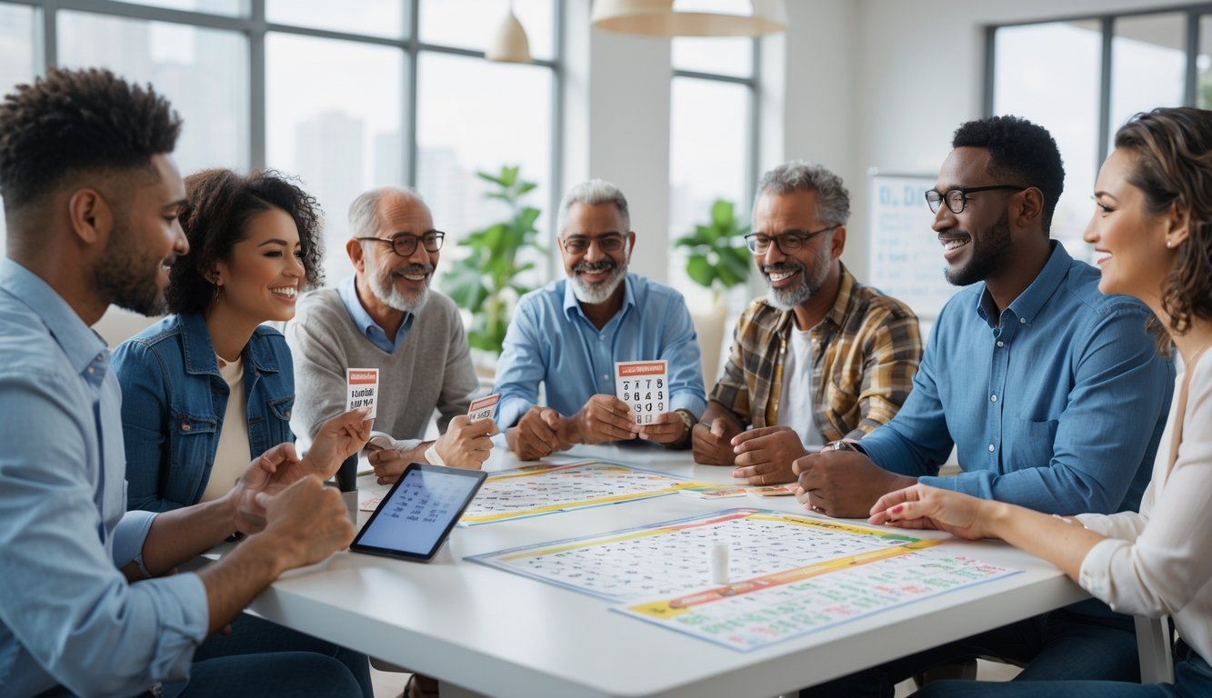 Sekelompok orang dari berbagai usia berkumpul di meja modern sambil bermain dan berdiskusi tentang permainan angka dalam ruangan terang dengan jendela besar.
