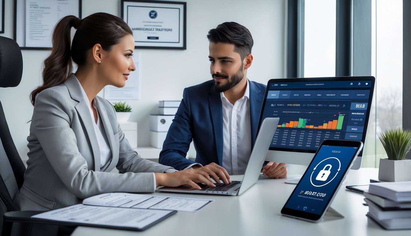 Seorang pria dan wanita duduk di meja kantor modern, fokus pada layar laptop yang menampilkan statistik taruhan, dengan suasana profesional dan alat kerja di sekitar mereka.