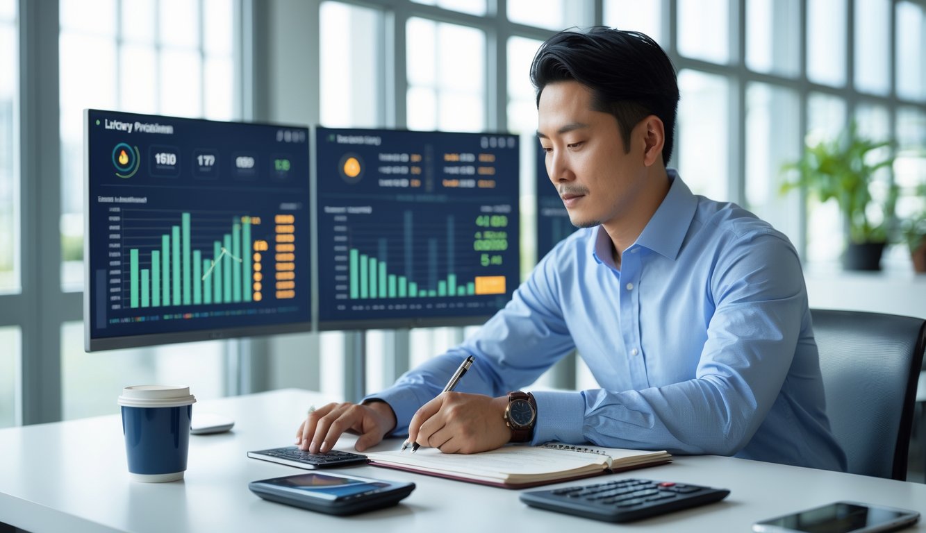 Seorang pria Asia duduk di meja kantor modern dengan beberapa layar digital menampilkan grafik dan data, sedang fokus bekerja dengan laptop dan mencatat.