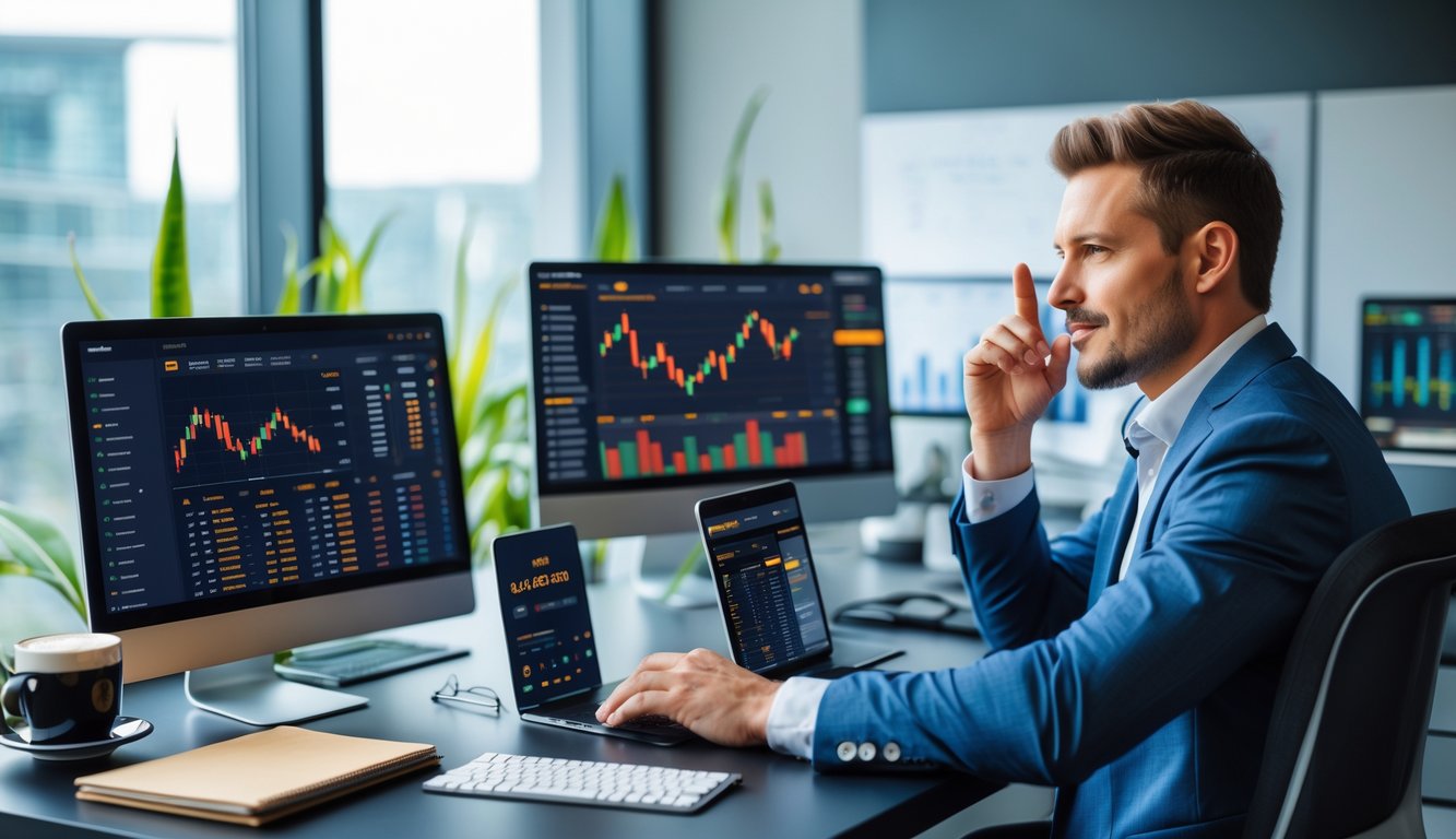 Seorang pria duduk di meja dengan laptop dan ponsel, sedang menganalisis data taruhan online di lingkungan kantor yang rapi.