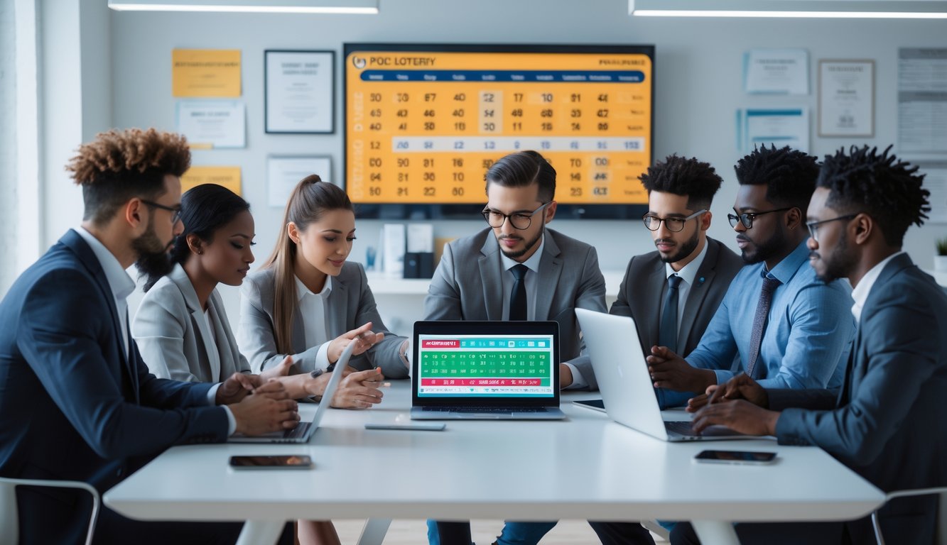 Sekelompok pemain togel profesional sedang berdiskusi di meja kerja dengan laptop dan ponsel di ruangan kantor yang terang dan rapi.