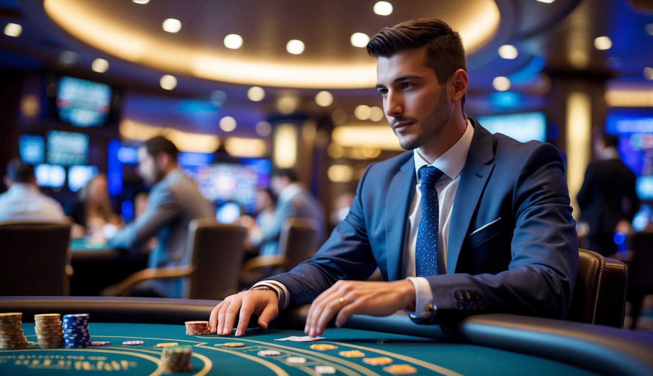 Seorang pemain judi profesional sedang duduk di meja kasino modern dengan chip dan kartu, terlihat fokus dan tenang.