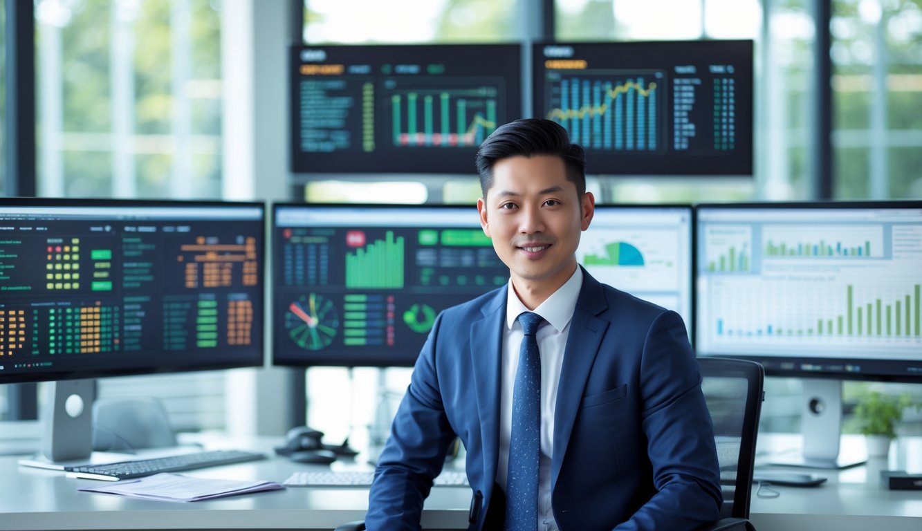 Seorang pria Asia Tenggara duduk di meja kantor dengan beberapa monitor komputer yang menampilkan grafik dan data angka lotere.