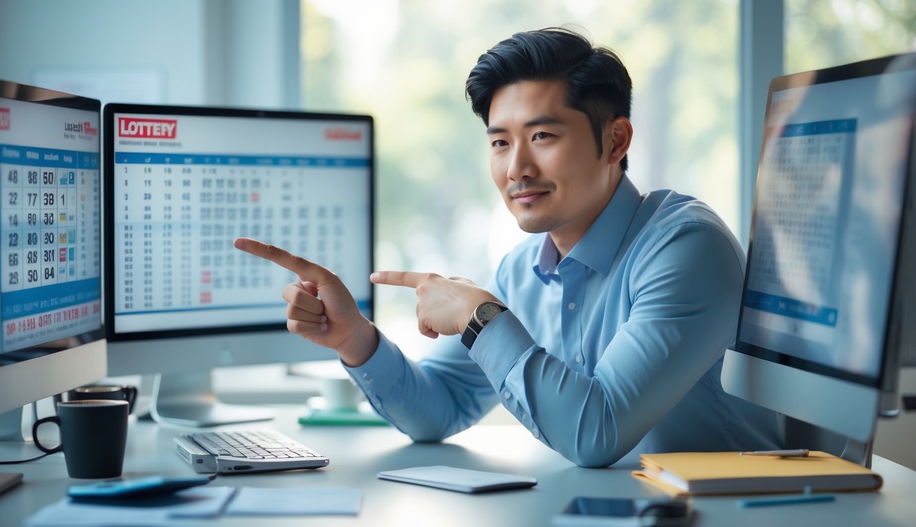 Seorang pria Asia duduk di meja kantor dengan beberapa layar komputer yang menampilkan angka togel, terlihat fokus dan percaya diri.