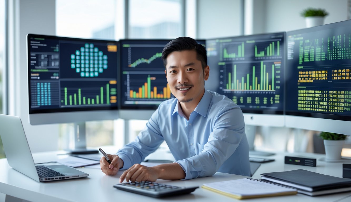 Seorang pria Asia duduk di meja kantor dengan beberapa layar komputer yang menampilkan grafik dan angka, fokus pada analisis data angka togel.