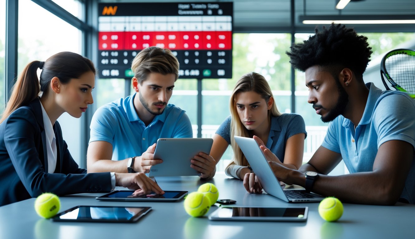 Sekelompok orang sedang menganalisis pertandingan statistik tenis menggunakan perangkat digital di ruang kerja yang rapi dengan perlengkapan tenis di latar belakang.