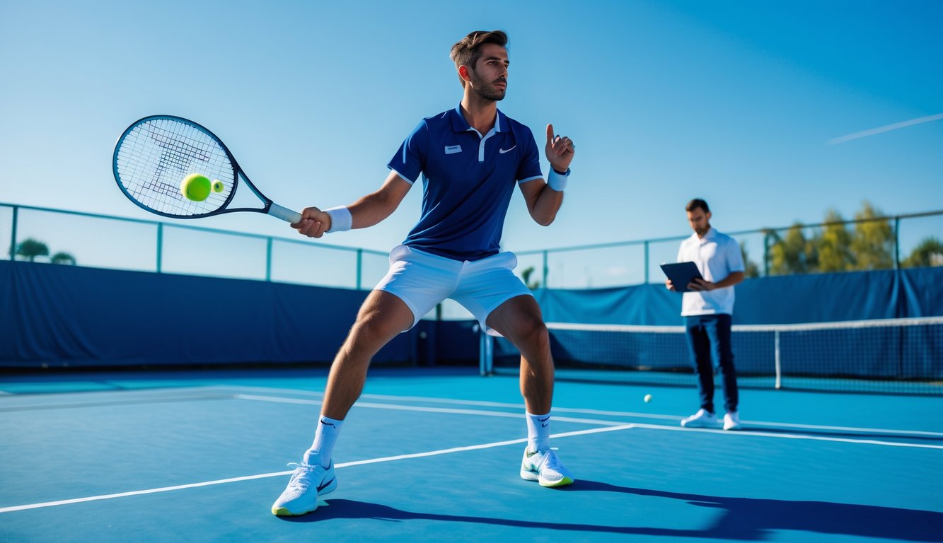 Seorang pemain tenis pria sedang bersiap memukul bola di lapangan tenis dengan seorang pelatih melihat data di tablet di pinggir lapangan.
