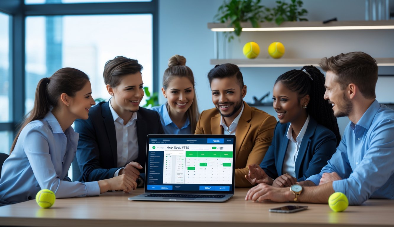 Sekelompok profesional muda sedang berdiskusi di kantor modern dengan laptop yang menampilkan statistik taruhan tenis.