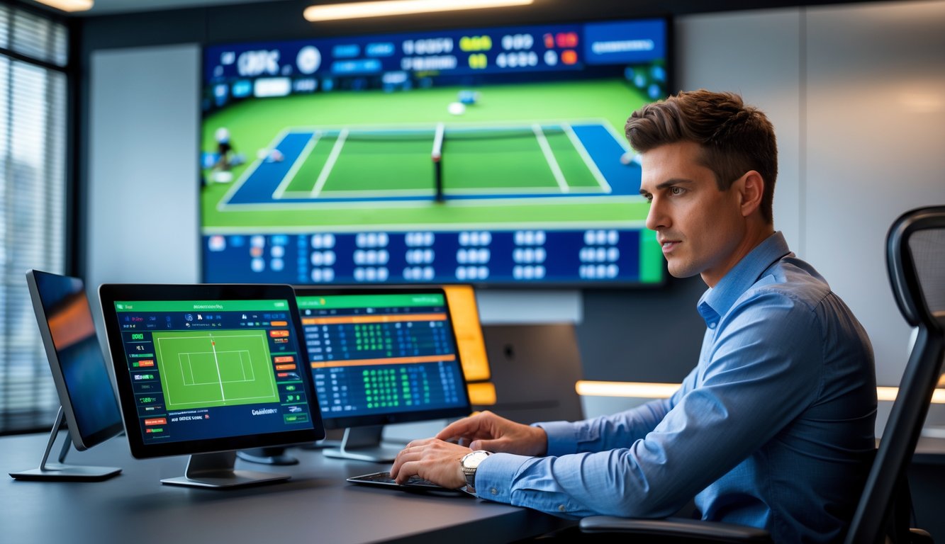 Seorang pria muda duduk di meja dengan beberapa perangkat digital yang menampilkan statistik pertandingan tenis langsung dan peluang taruhan.