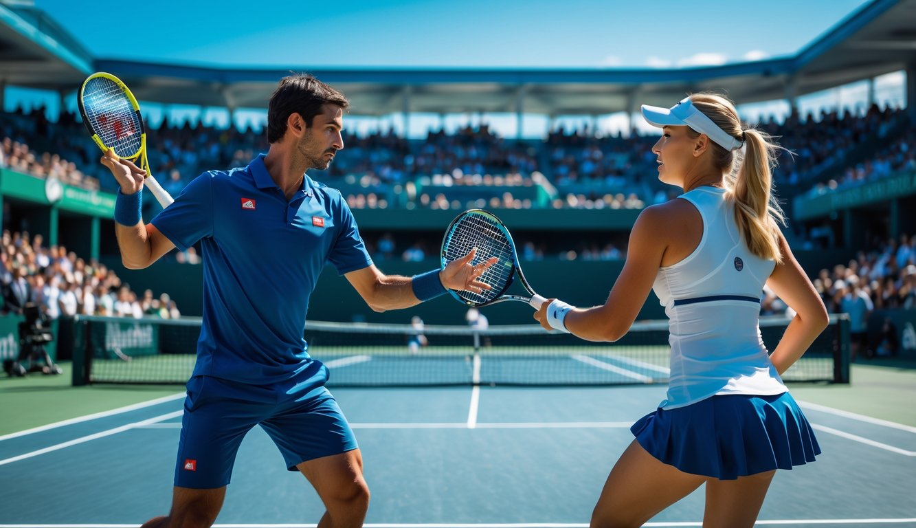 Dua pemain tenis pria dan wanita sedang bertanding di lapangan tenis dengan penonton di latar belakang.